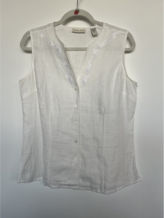 Amanda Smith Tops - Vintage Amanda Smith Embroidered Sleeveless Blouse 100% Linen White M